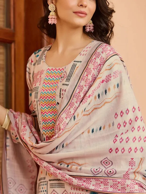 Women Cream Printed Cotton Kurta Pant Dupatta Set