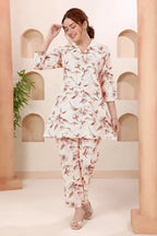 Designer Brown Leafy Print Shirt Collar Cotton Co Ord Set - photo 1