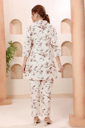 Designer Brown Leafy Print Shirt Collar Cotton Co Ord Set - photo 2