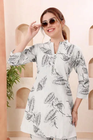 Cream Leafy Print Ban Collar Cotton Co Ord Set - photo 1