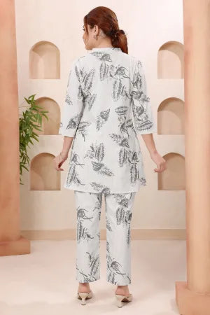 Cream Leafy Print Ban Collar Cotton Co Ord Set - photo 2