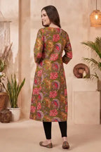Olive Green Kalamkari Print A Line Long Kurta with V Neck - photo 4