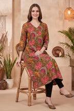 Olive Green Kalamkari Print A Line Long Kurta with V Neck - photo 6