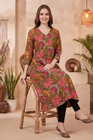 Olive Green Kalamkari Print A Line Long Kurta with V Neck - photo 6