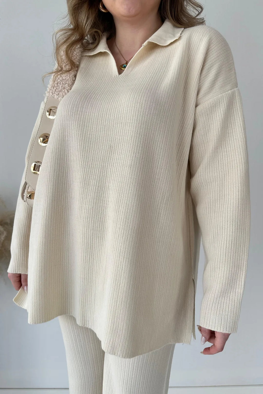 winter v-neck casual slit knitted two piece set