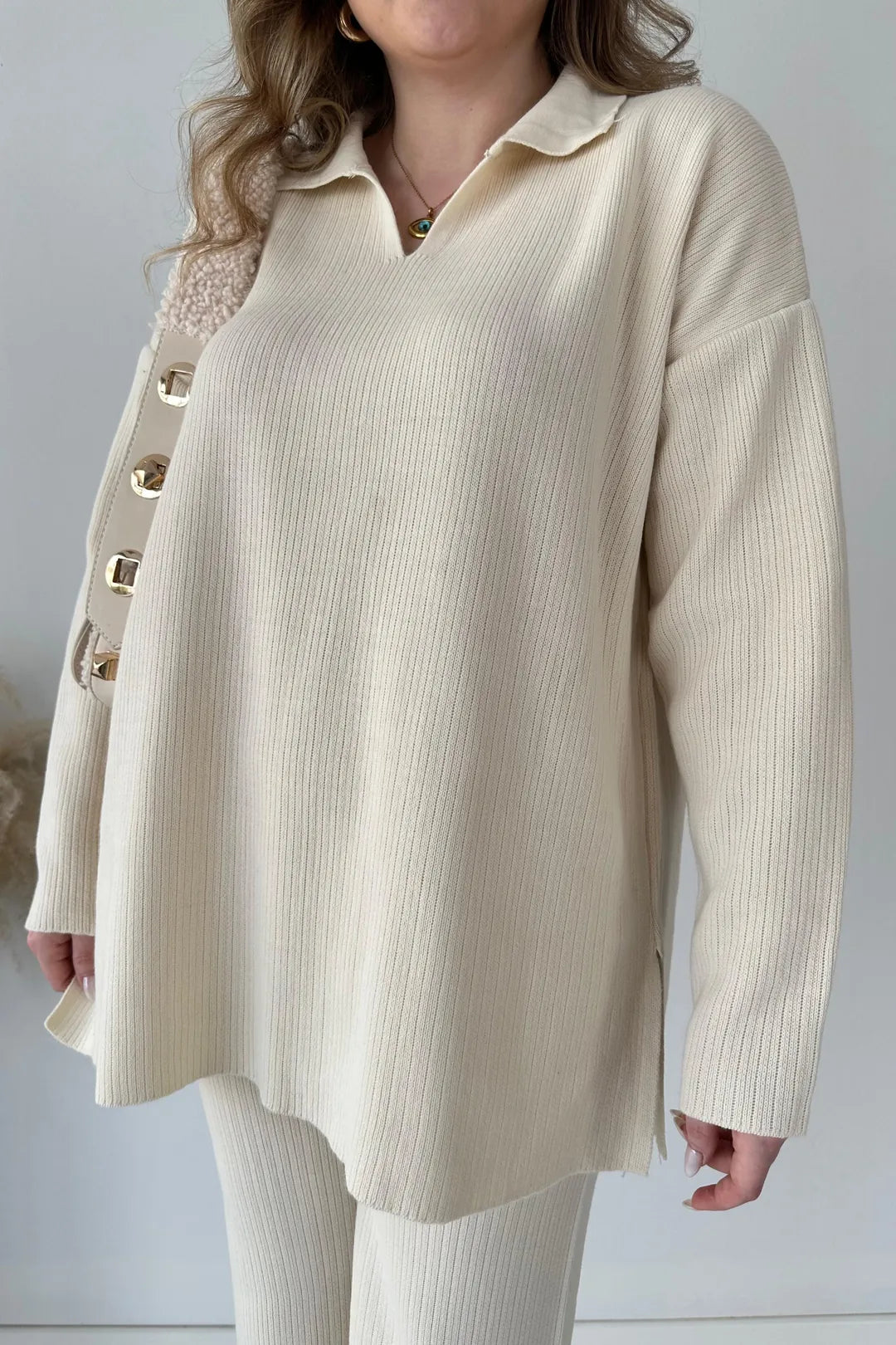 winter v-neck casual slit knitted two piece set
