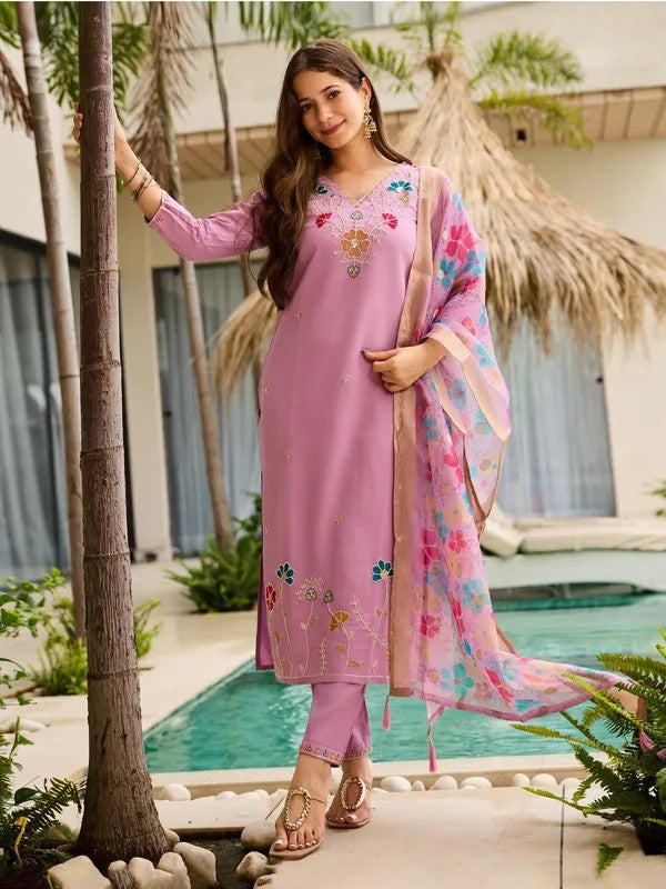 Lavender Embroidered Ethnic Kurta Suit Set | Women 3-Piece Ethnic Wear