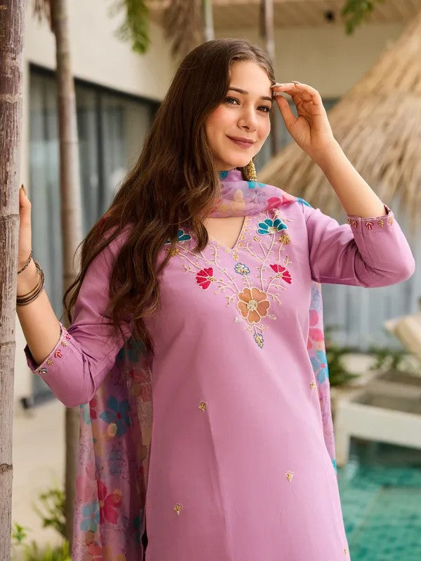 Lavender Embroidered Ethnic Kurta Suit Set | Women 3-Piece Ethnic Wear
