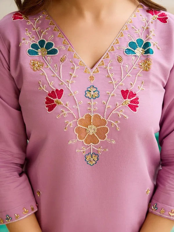 Lavender Embroidered Ethnic Kurta Suit Set | Women 3-Piece Ethnic Wear