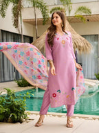 Lavender Embroidered Ethnic Kurta Suit Set | Women 3-Piece Ethnic Wear