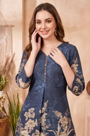 Navy Blue Cotton Floral Print Kurta Pant Co Ord Set - photo 3
