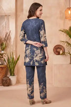 Navy Blue Cotton Floral Print Kurta Pant Co Ord Set - photo 4