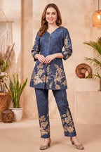 Navy Blue Cotton Floral Print Kurta Pant Co Ord Set - photo 6