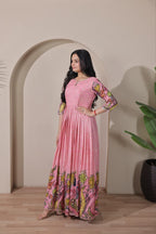 Women Tussar Silk Kalamkari Bandhani Pattern Gown