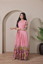 Women Tussar Silk Kalamkari Bandhani Pattern Gown