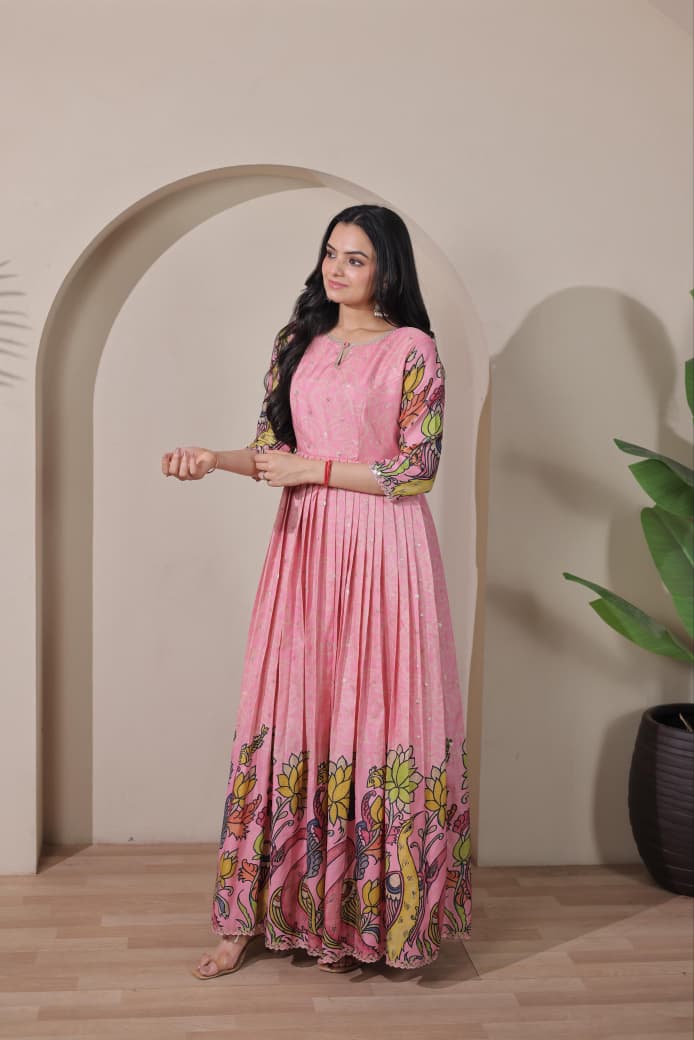 Women Tussar Silk Kalamkari Bandhani Pattern Gown