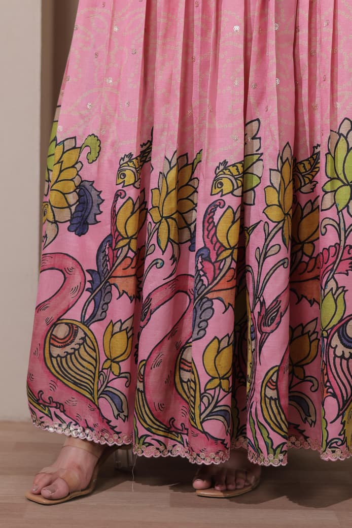 Women Tussar Silk Kalamkari Bandhani Pattern Gown