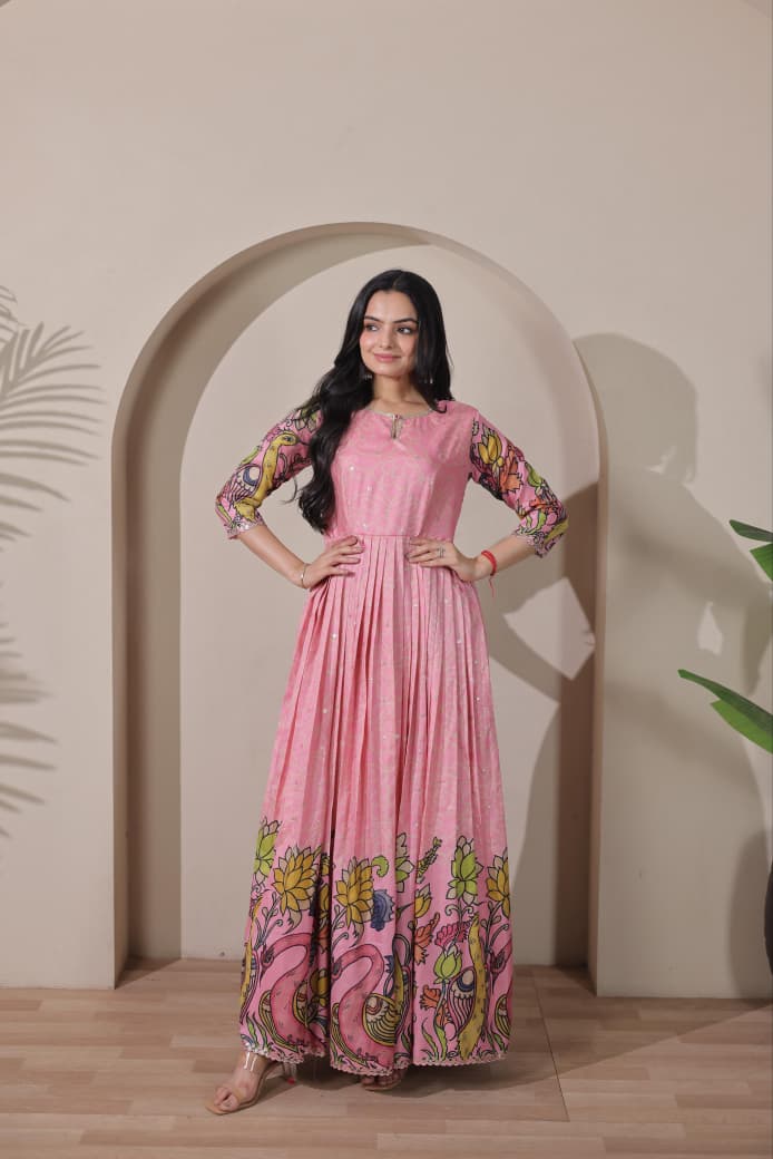 Women Tussar Silk Kalamkari Bandhani Pattern Gown