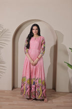 Women Tussar Silk Kalamkari Bandhani Pattern Gown