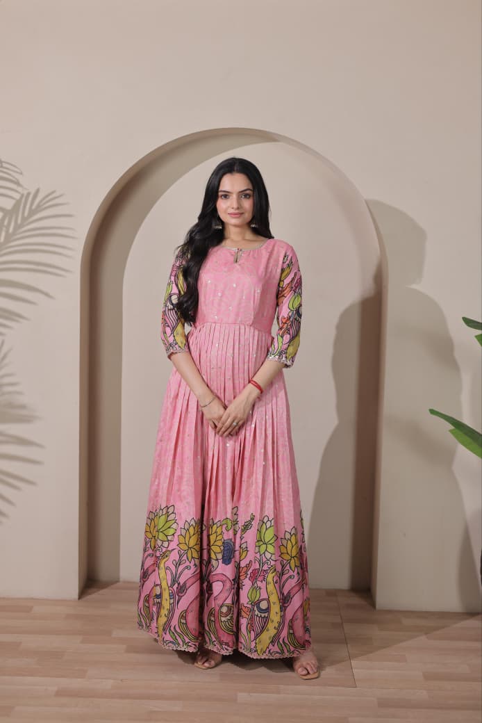 Women Tussar Silk Kalamkari Bandhani Pattern Gown