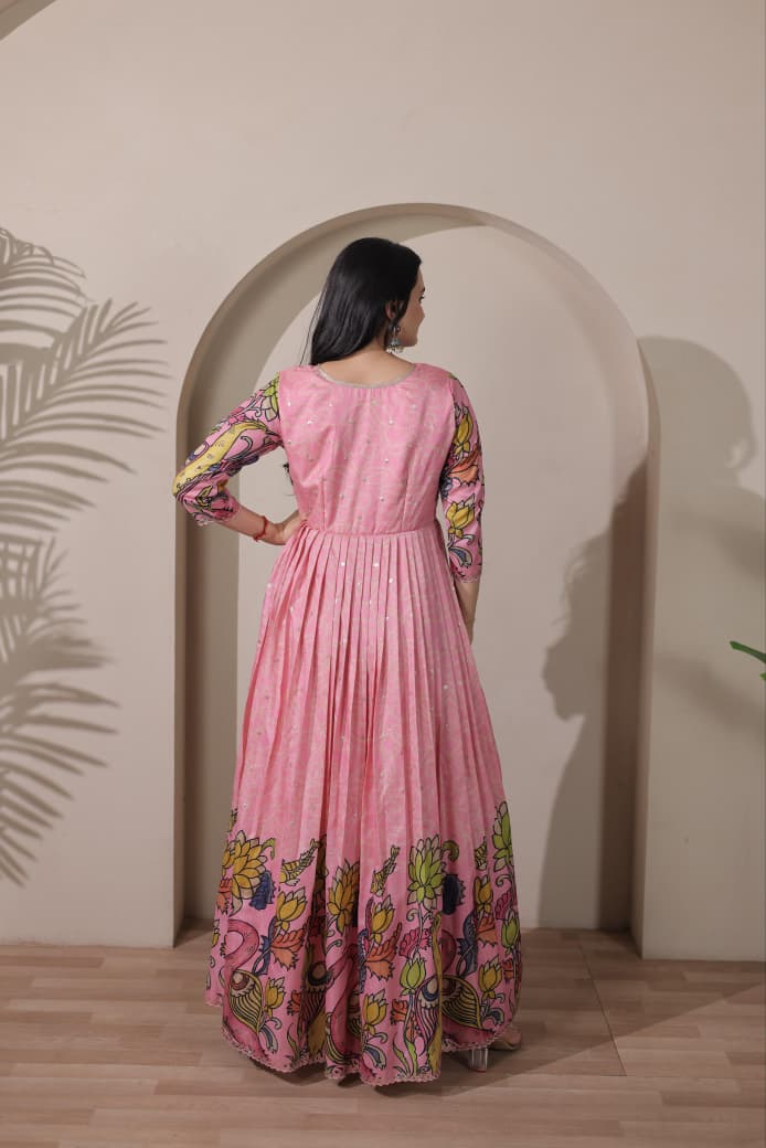 Women Tussar Silk Kalamkari Bandhani Pattern Gown