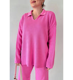 winter v-neck casual slit knitted two piece set