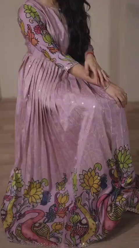 Women Tussar Silk Kalamkari Bandhani Pattern Gown