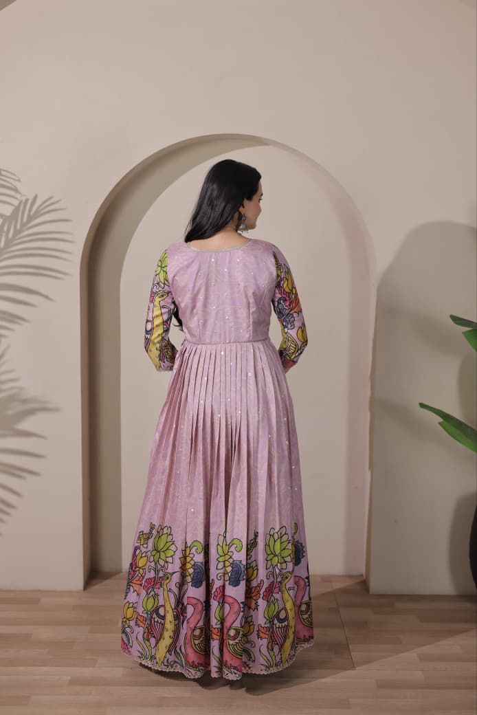 Women Tussar Silk Kalamkari Bandhani Pattern Gown