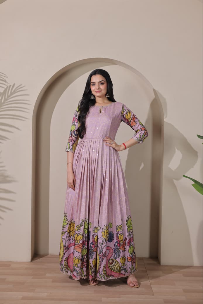 Women Tussar Silk Kalamkari Bandhani Pattern Gown