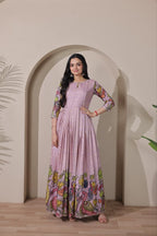 Women Tussar Silk Kalamkari Bandhani Pattern Gown