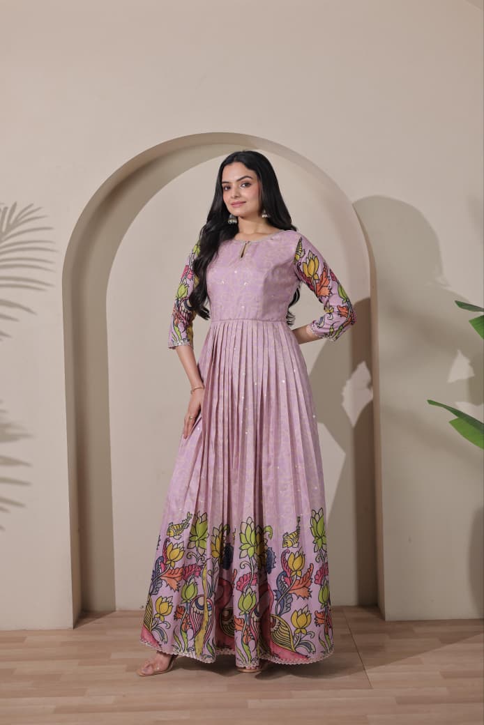 Women Tussar Silk Kalamkari Bandhani Pattern Gown