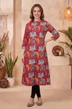 Cherry Red A-Line Long Kurta with Floral Print - photo 1
