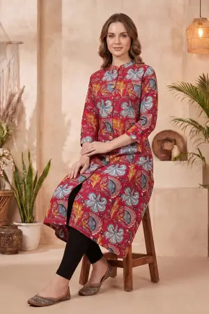 Cherry Red A-Line Long Kurta with Floral Print - photo 6