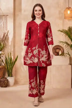 Cherry Red Cotton Printed Kurta Pant Co Ord Set with V Neck - photo 1