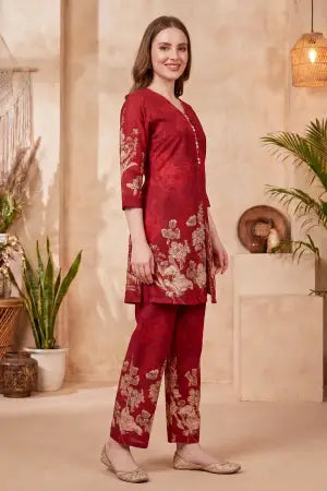 Cherry Red Cotton Printed Kurta Pant Co Ord Set with V Neck - photo 2