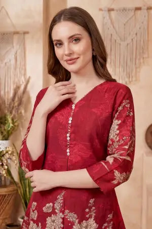 Cherry Red Cotton Printed Kurta Pant Co Ord Set with V Neck - photo 3