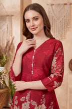 Cherry Red Cotton Printed Kurta Pant Co Ord Set with V Neck - photo 3