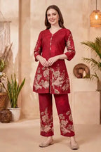 Cherry Red Cotton Printed Kurta Pant Co Ord Set with V Neck - photo 6