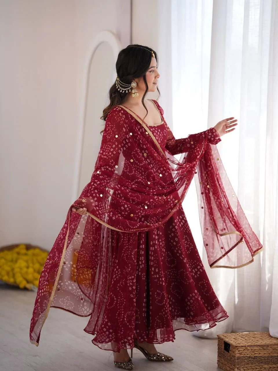 Jaipuri Bandhani Print Anarkali Suit Set With Mirror Work