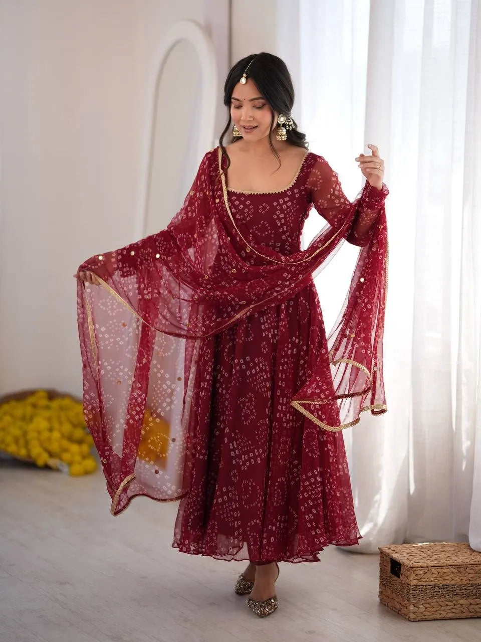 Jaipuri Bandhani Print Anarkali Suit Set With Mirror Work