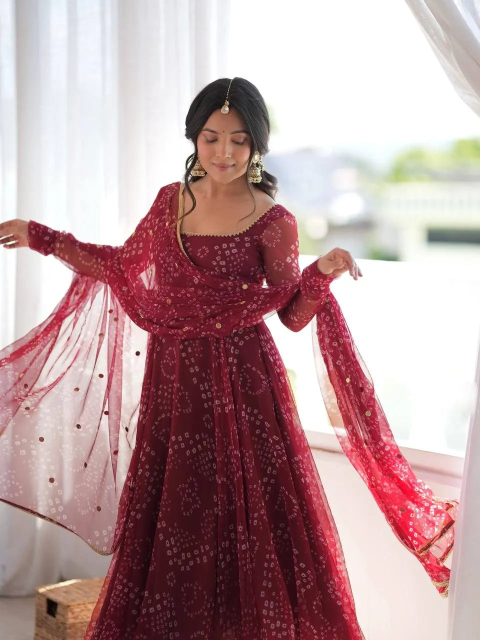 Jaipuri Bandhani Print Anarkali Suit Set With Mirror Work