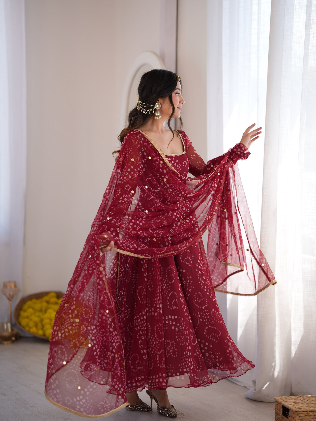 Jaipuri Bandhani Print Anarkali Suit Set With Mirror Work