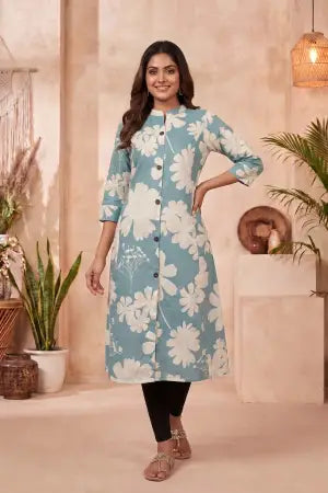 Powder Blue Floral Print Cotton Blend Long Kurti - photo 1