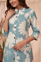 Powder Blue Floral Print Cotton Blend Long Kurti - photo 3
