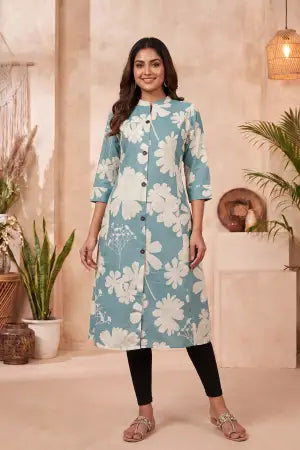 Powder Blue Floral Print Cotton Blend Long Kurti - photo 6