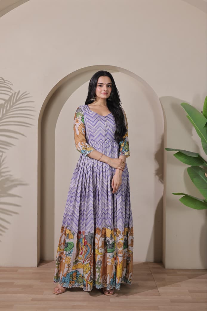 Women Tussar Silk Striking Chevron Pattern Embroidered Gown
