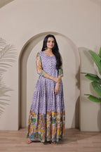 Women Tussar Silk Striking Chevron Pattern Embroidered Gown