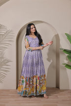 Women Tussar Silk Striking Chevron Pattern Embroidered Gown