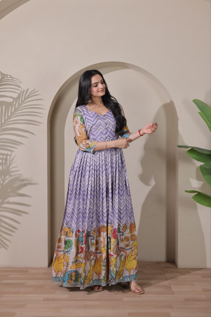 Women Tussar Silk Striking Chevron Pattern Embroidered Gown