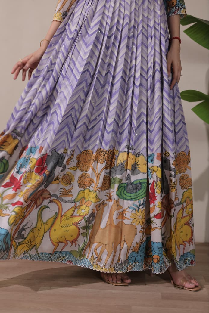Women Tussar Silk Striking Chevron Pattern Embroidered Gown